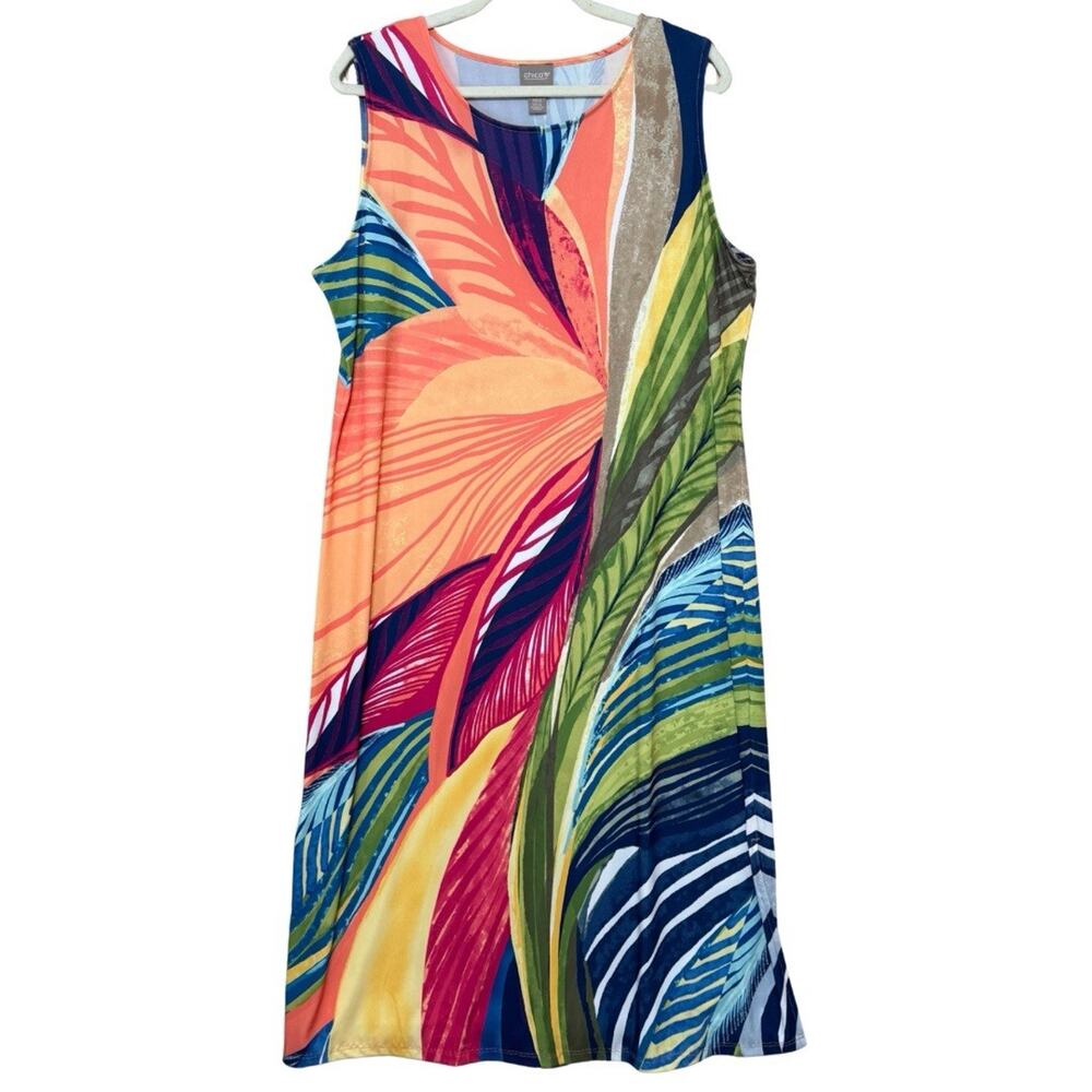 Chico’s Slinky Knit Midi Tank Dress Size 3/XL Rainbow Tropical Print Sleeveless